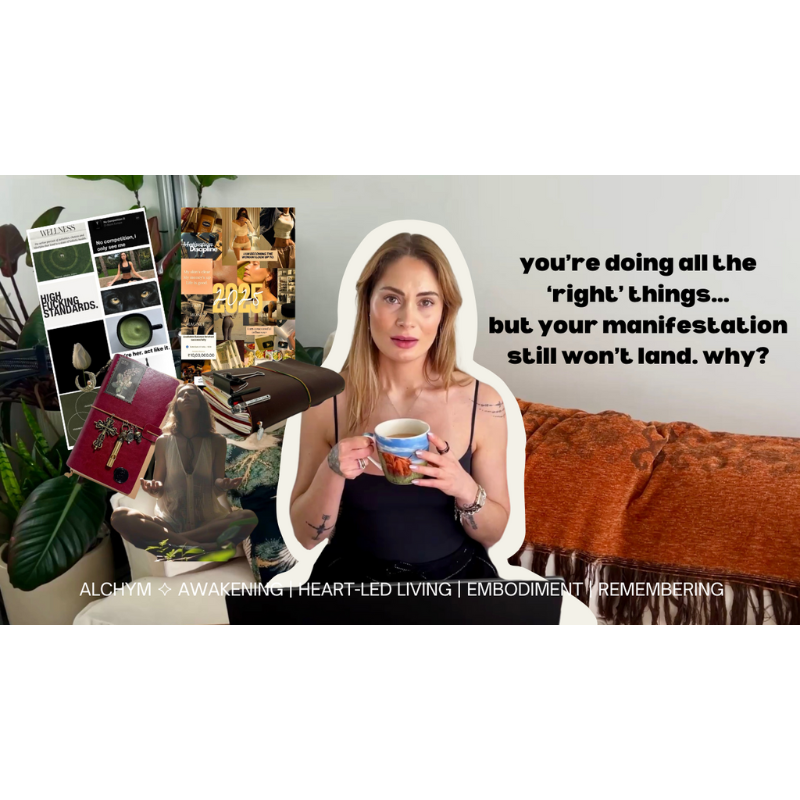 Text graphic that says: “you’re doing all the right things but your manifestation still won’t land. why?”